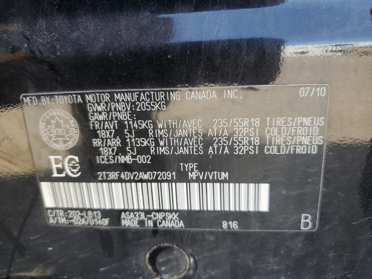 2010 Toyota Rav4 Sport VIN: 2T3RF4DV2AW072091 Lot: 81416395