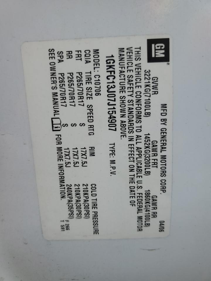 2007 GMC Yukon VIN: 1GKFC13J07J154907 Lot: 84248865