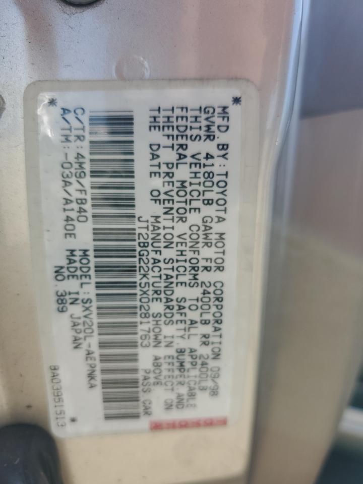 1999 Toyota Camry Le VIN: JT2BG22K5X0281763 Lot: 80859095