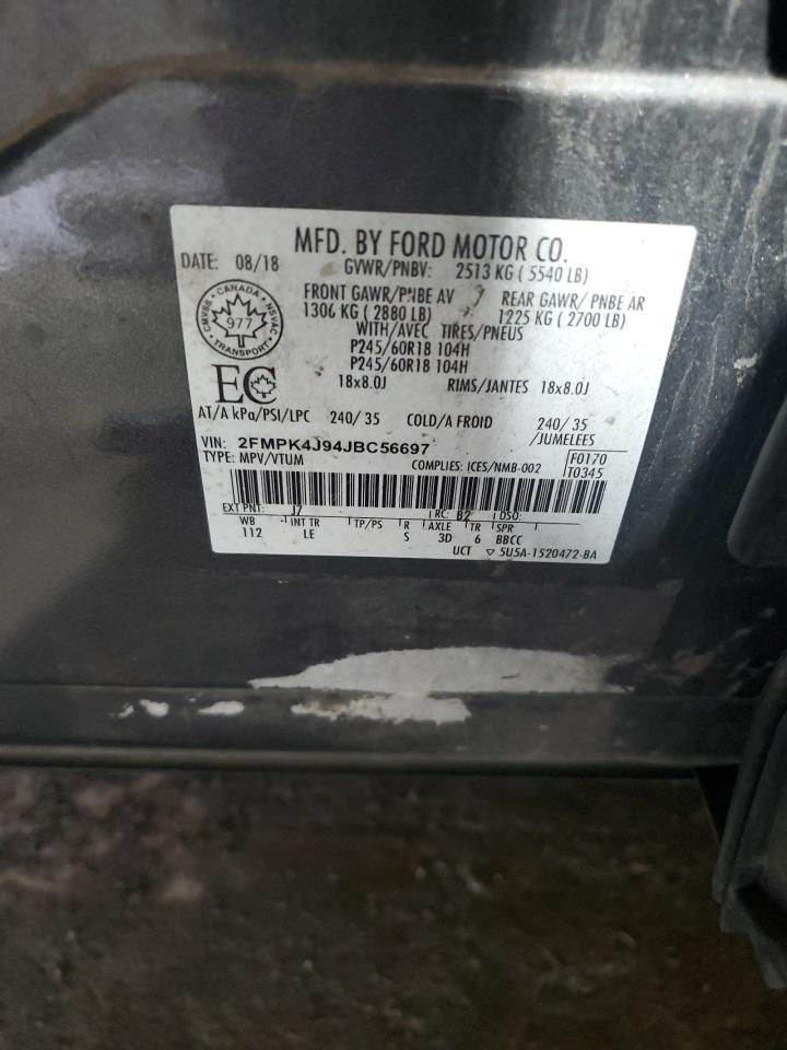 2018 Ford Edge Sel VIN: 2FMPK4J94JBC56697 Lot: 80896845