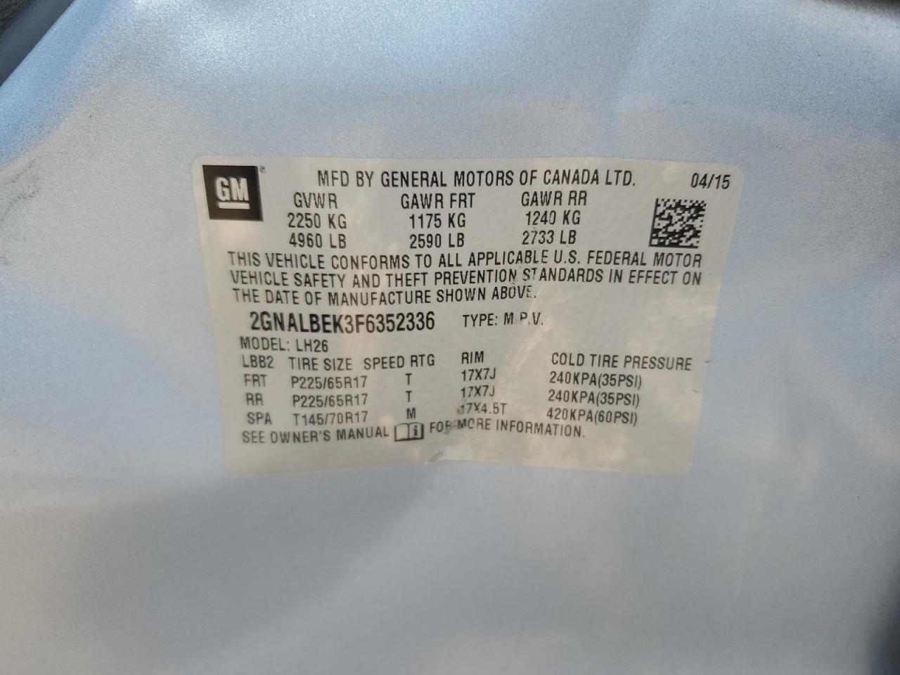 2015 Chevrolet Equinox Lt VIN: 2GNALBEK3F6352336 Lot: 81060485