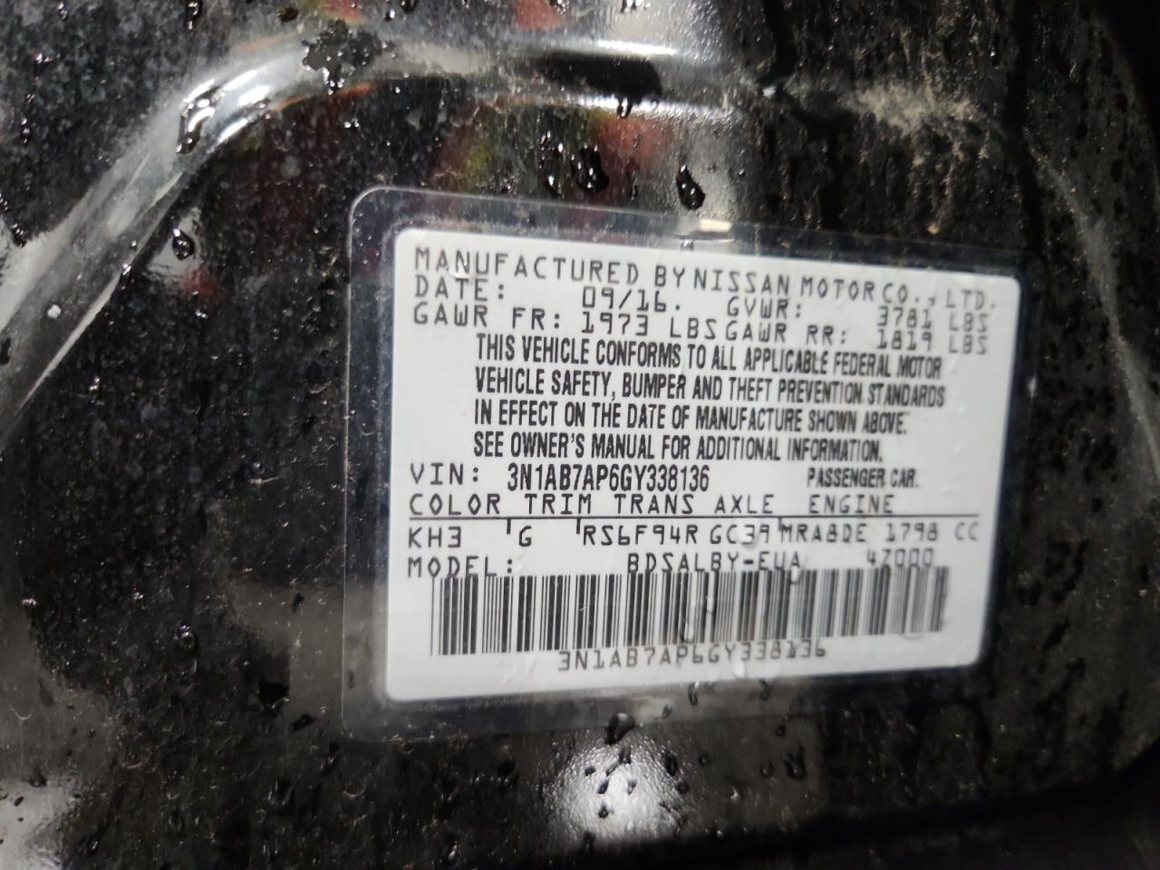 2016 Nissan Sentra S VIN: 3N1AB7AP6GY338136 Lot: 71903735