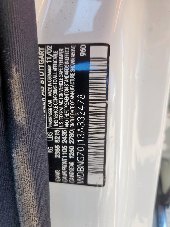 2003 Mercedes-Benz S 430 VIN: WDBNG70J13A332478 Lot: 71993185