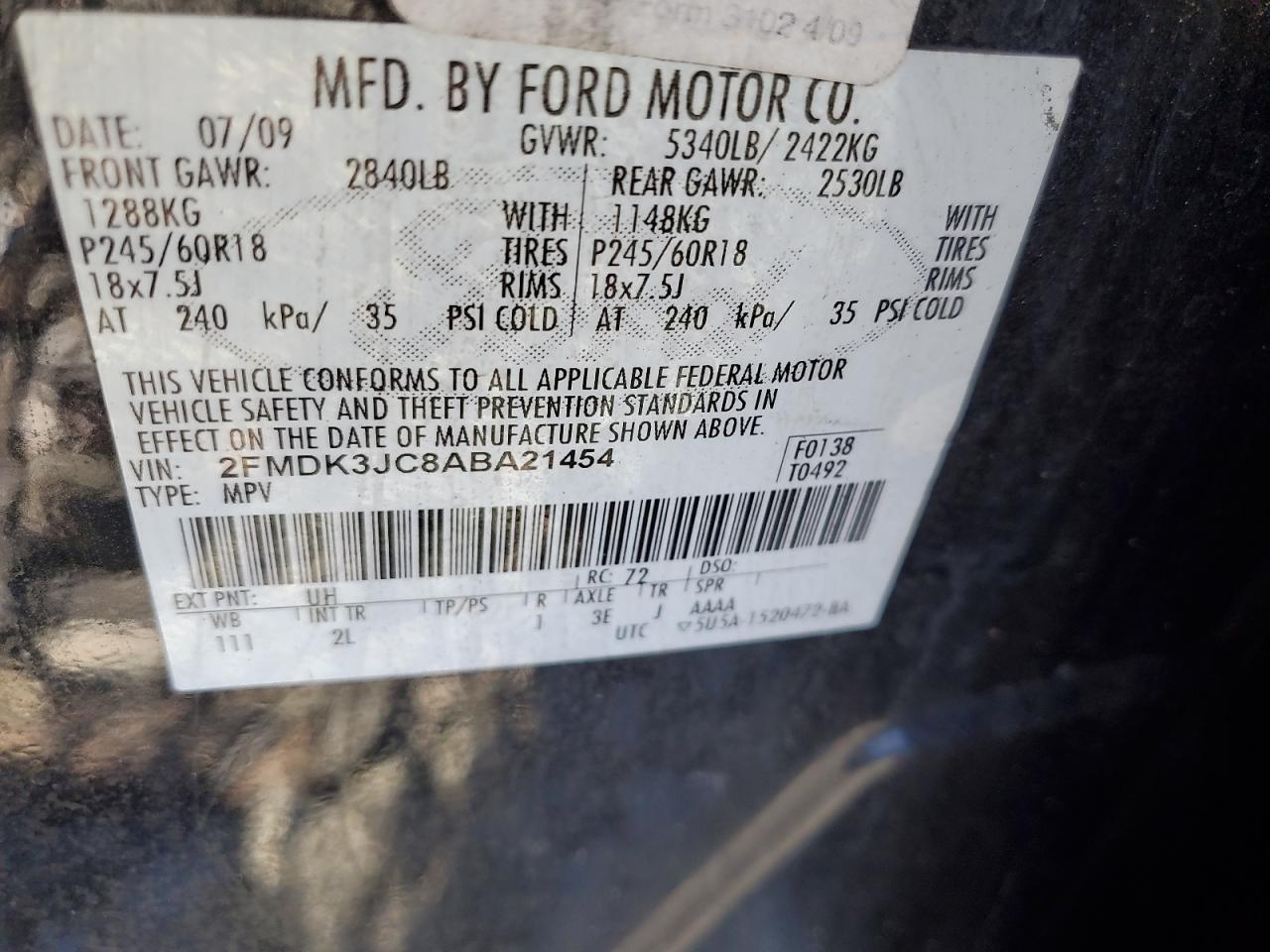 2010 Ford Edge Sel VIN: 2FMDK3JC8ABA21454 Lot: 84060335