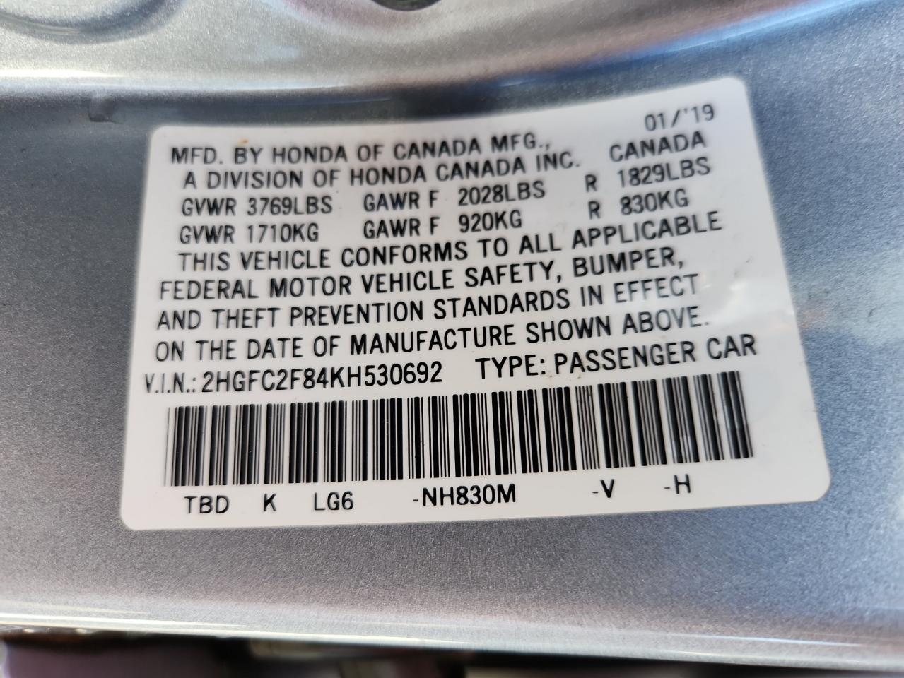2019 Honda Civic Sport VIN: 2HGFC2F84KH530692 Lot: 84619385