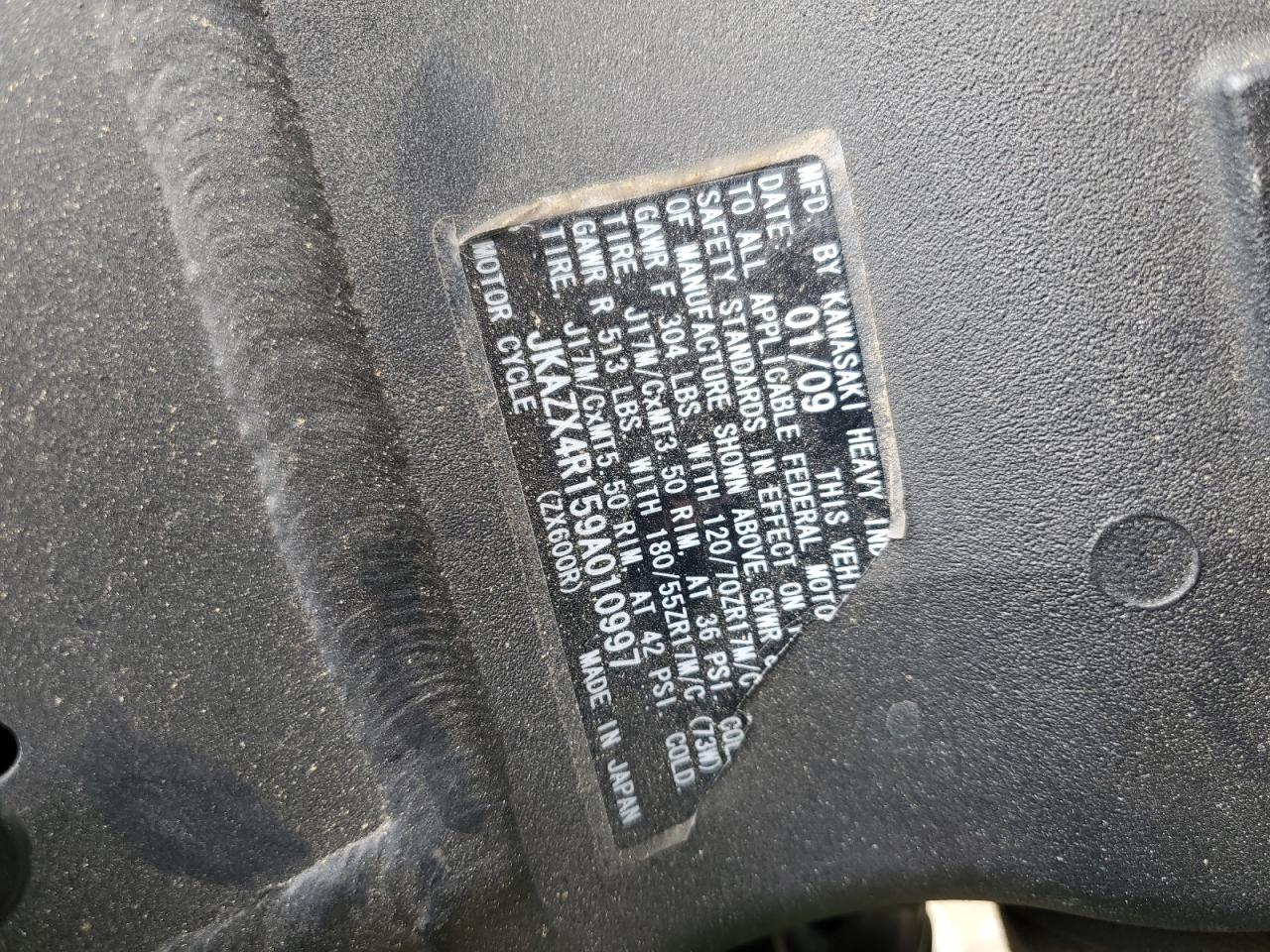 2009 Kawasaki Zx600 R VIN: JKAZX4R159A010997 Lot: 81364575