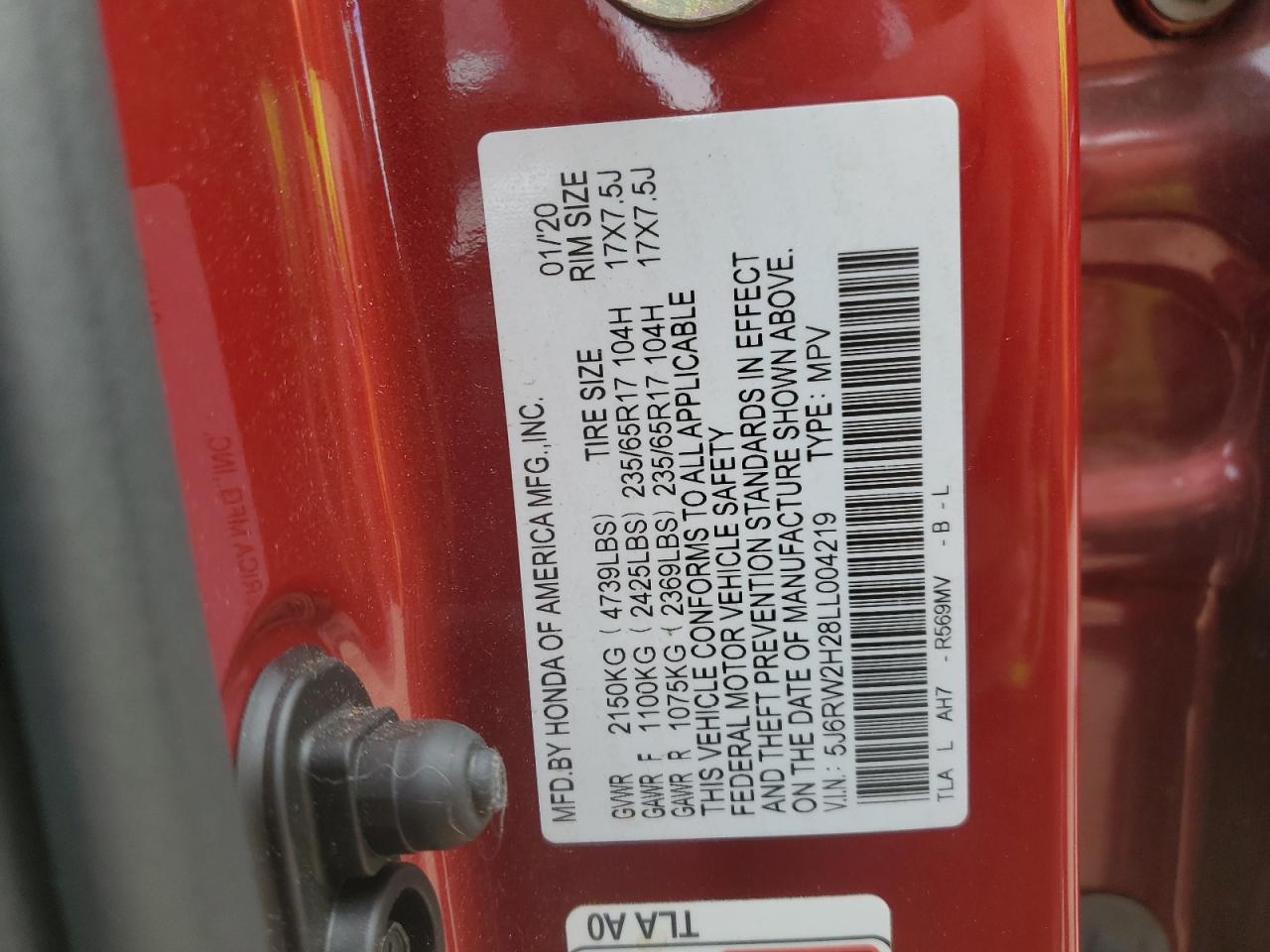 2020 Honda Cr-V Lx VIN: 5J6RW2H28LL004219 Lot: 70317415