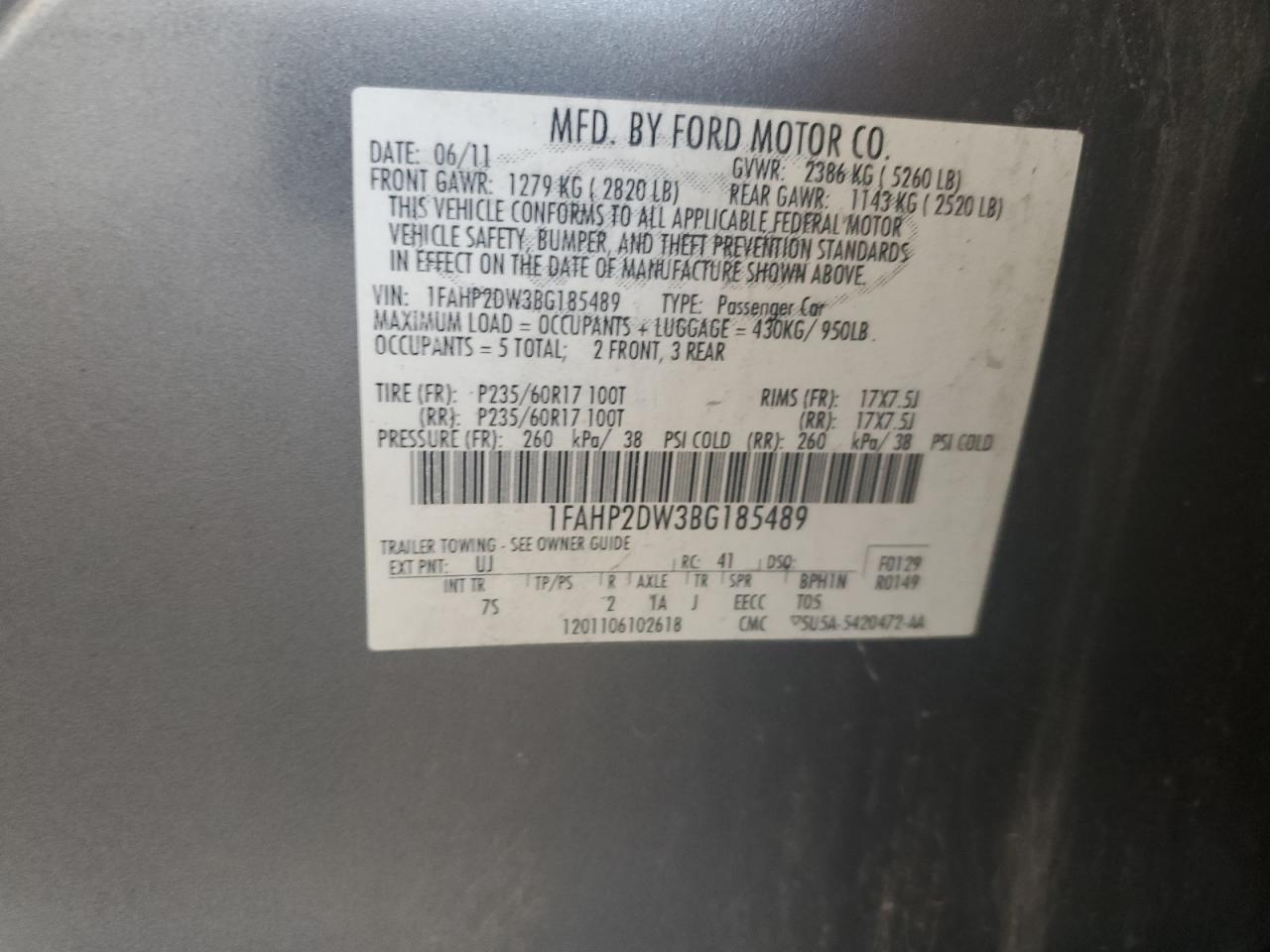 2011 Ford Taurus Se VIN: 1FAHP2DW3BG185489 Lot: 71636455