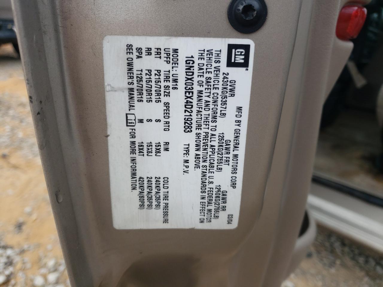 2004 Chevrolet Venture VIN: 1GNDX03EX4D219283 Lot: 83976225