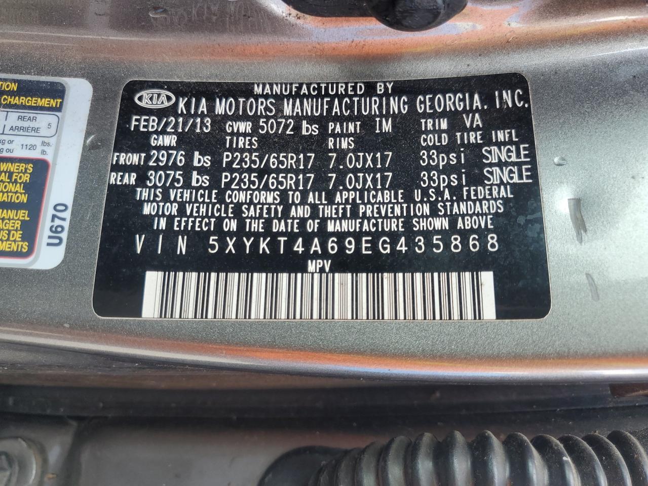 2014 Kia Sorento Lx VIN: 5XYKT4A69EG435868 Lot: 83804555