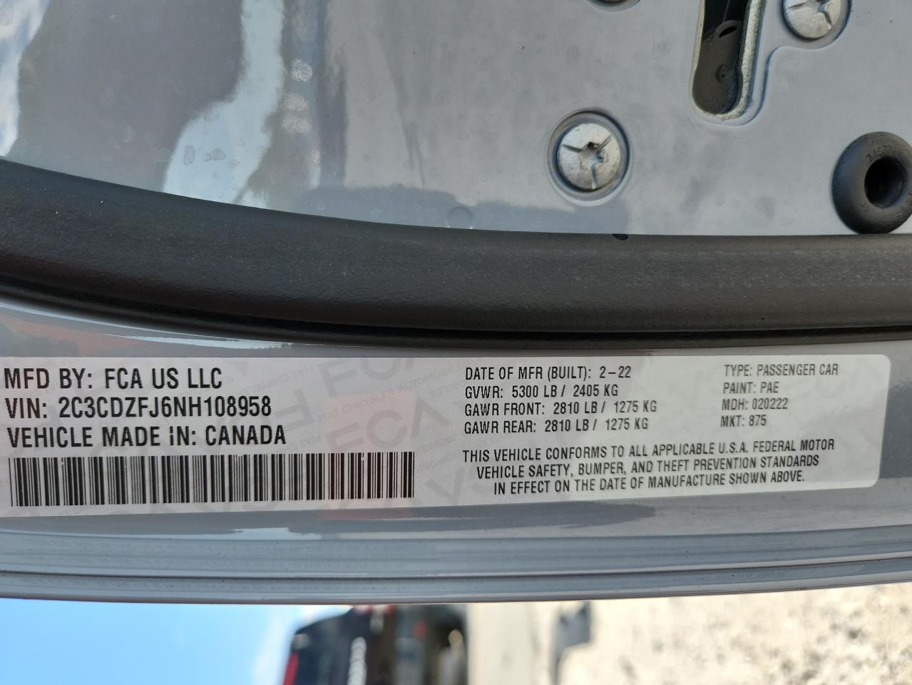 2022 Dodge Challenger R/T Scat Pack VIN: 2C3CDZFJ6NH108958 Lot: 71322525