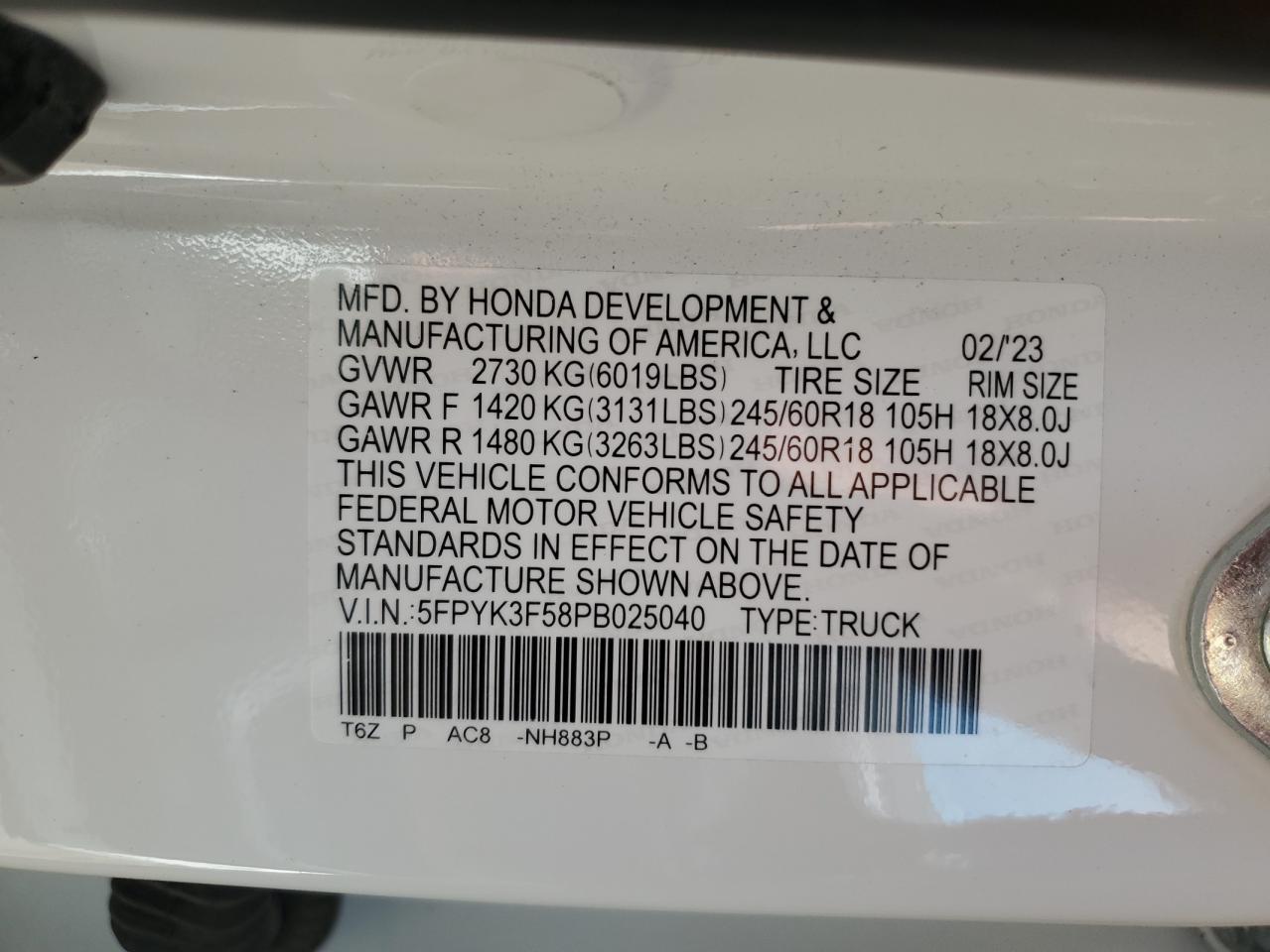 2023 Honda Ridgeline Rtl VIN: 5FPYK3F58PB025040 Lot: 80497695