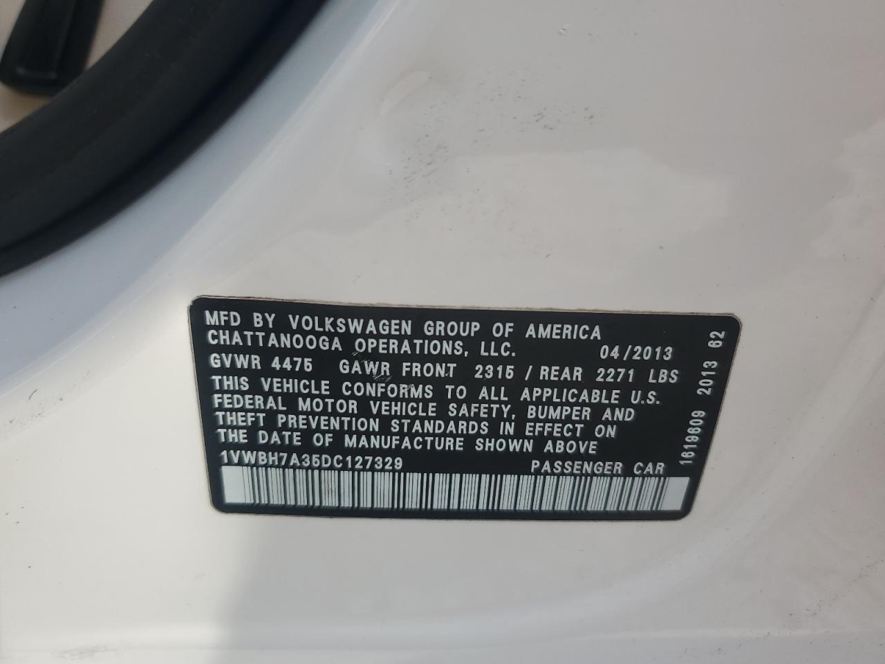 2013 Volkswagen Passat Se VIN: 1VWBH7A35DC127329 Lot: 83778165