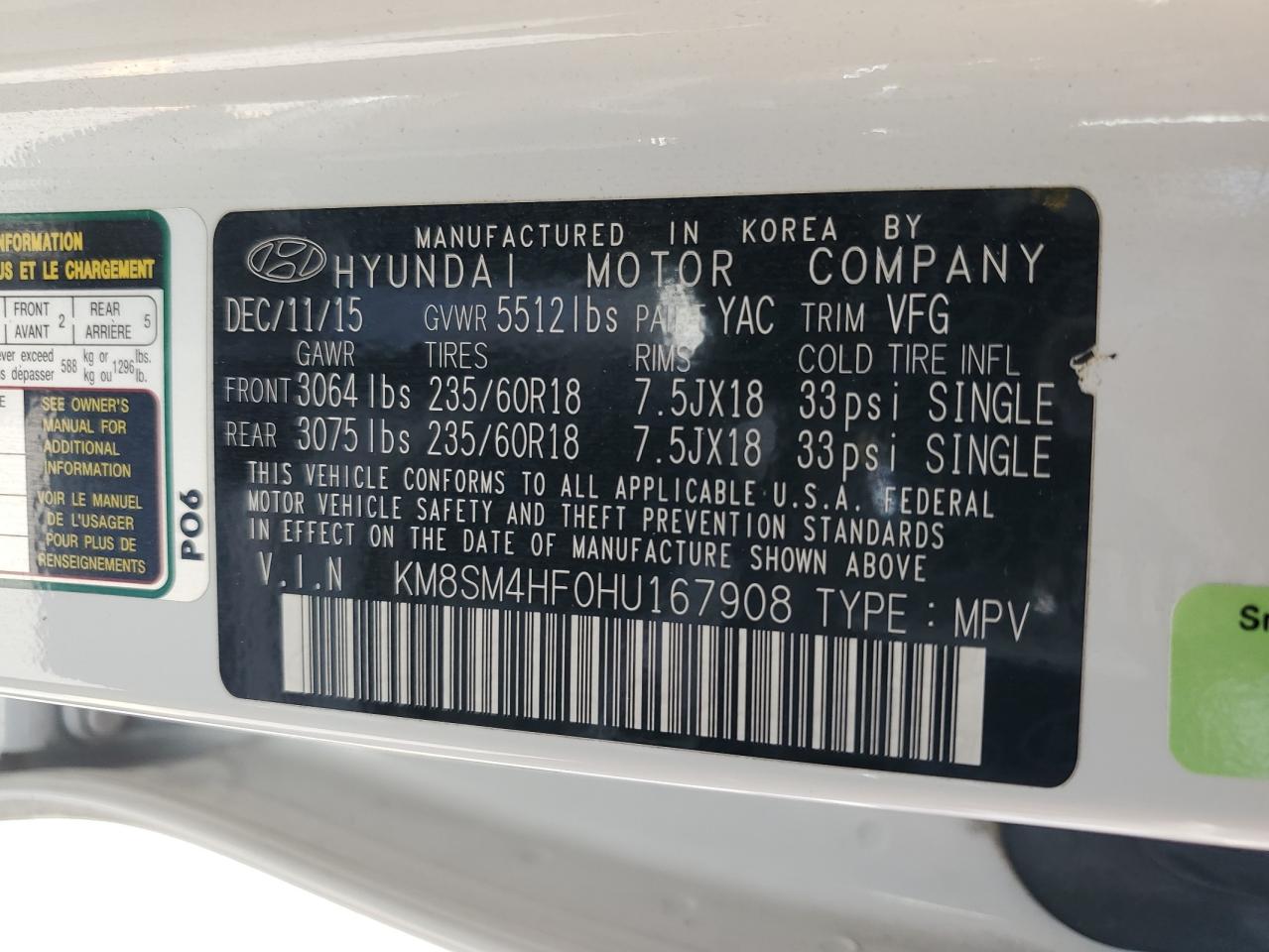 2017 Hyundai Santa Fe Se VIN: KM8SM4HF0HU167908 Lot: 83989185