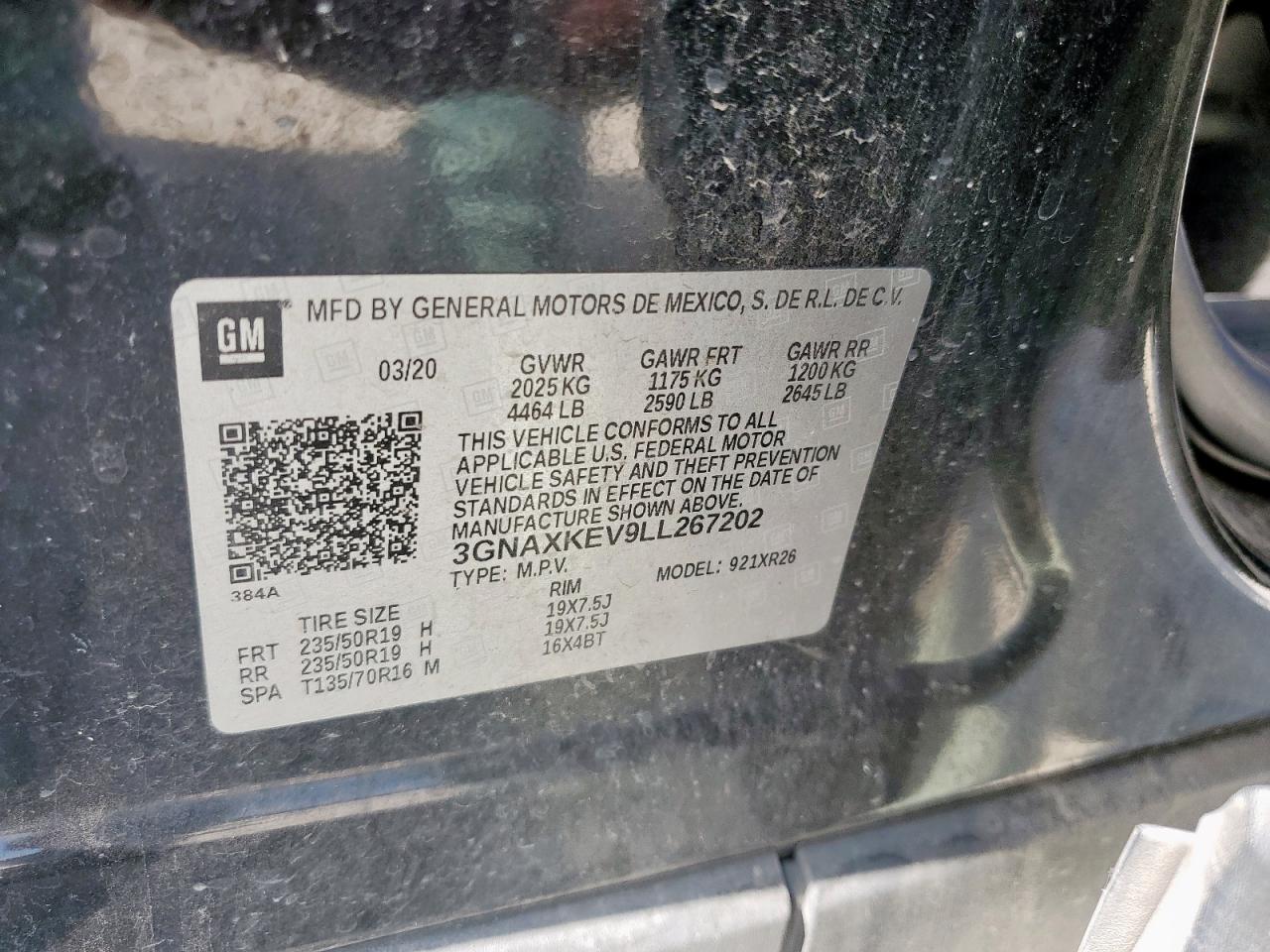 2020 Chevrolet Equinox Lt VIN: 3GNAXKEV9LL267202 Lot: 84652685