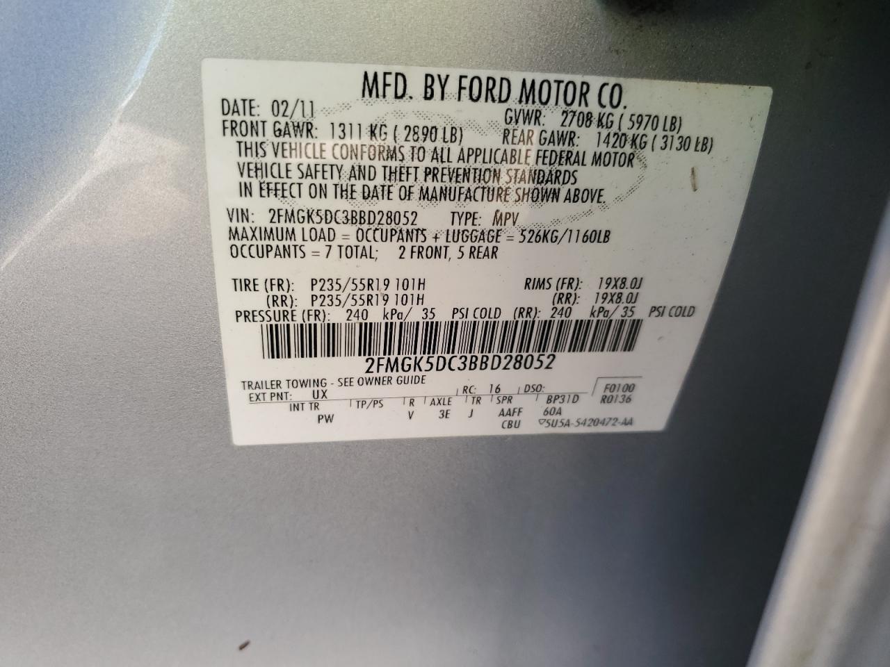 2011 Ford Flex Limited VIN: 2FMGK5DC3BBD28052 Lot: 80483355