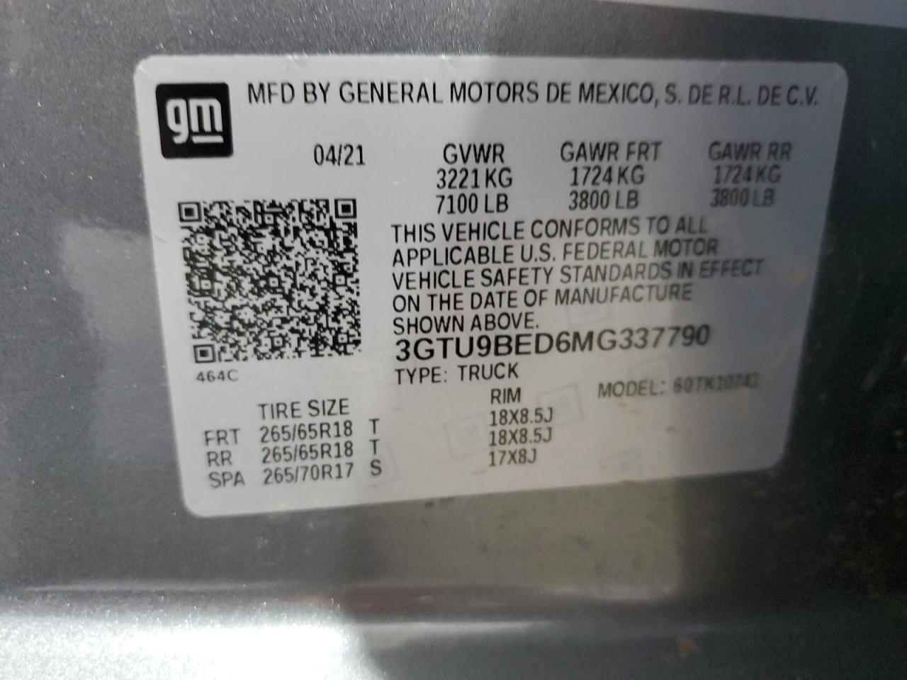 2021 GMC Sierra K1500 Sle VIN: 3GTU9BED6MG337790 Lot: 71349655