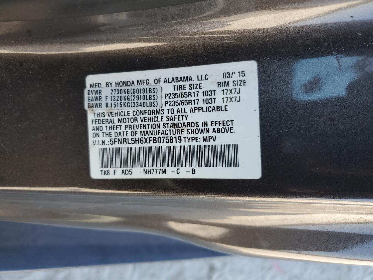 2015 Honda Odyssey Exl VIN: 5FNRL5H6XFB075819 Lot: 80918395