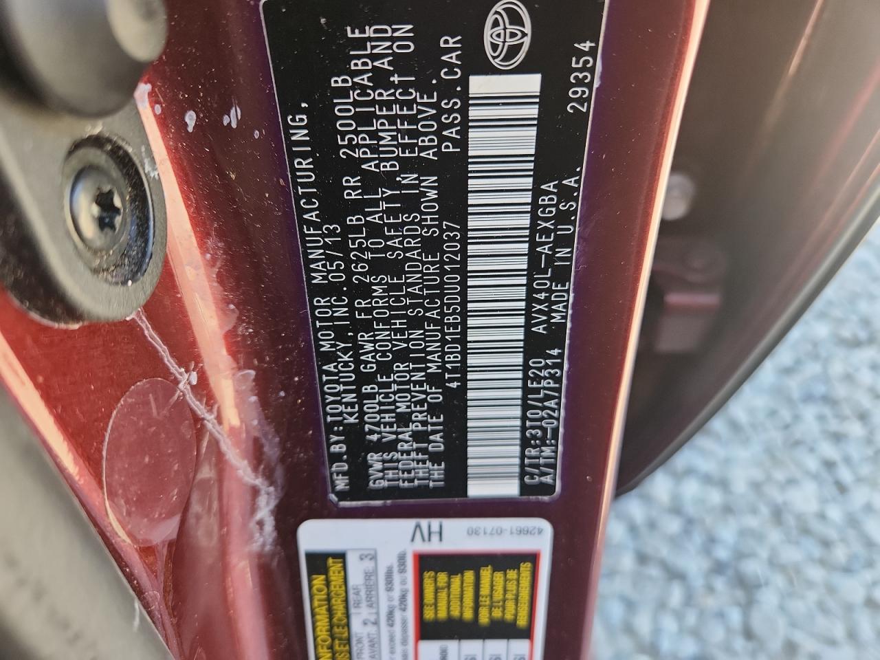 2013 Toyota Avalon VIN: 4T1BD1EB5DU012037 Lot: 80183035