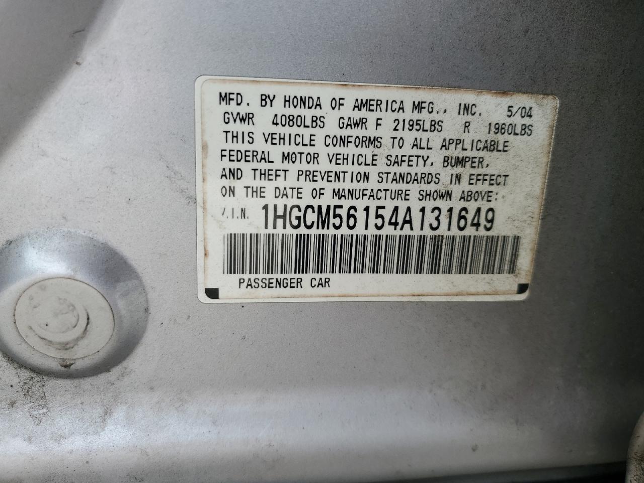 2004 Honda Accord Dx VIN: 1HGCM56154A131649 Lot: 81807715