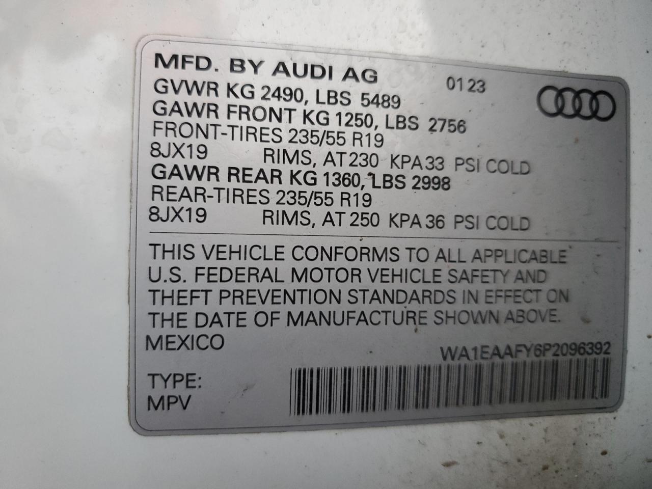 2023 Audi Q5 VIN: WA1EAAFY6P2096392 Lot: 71516555