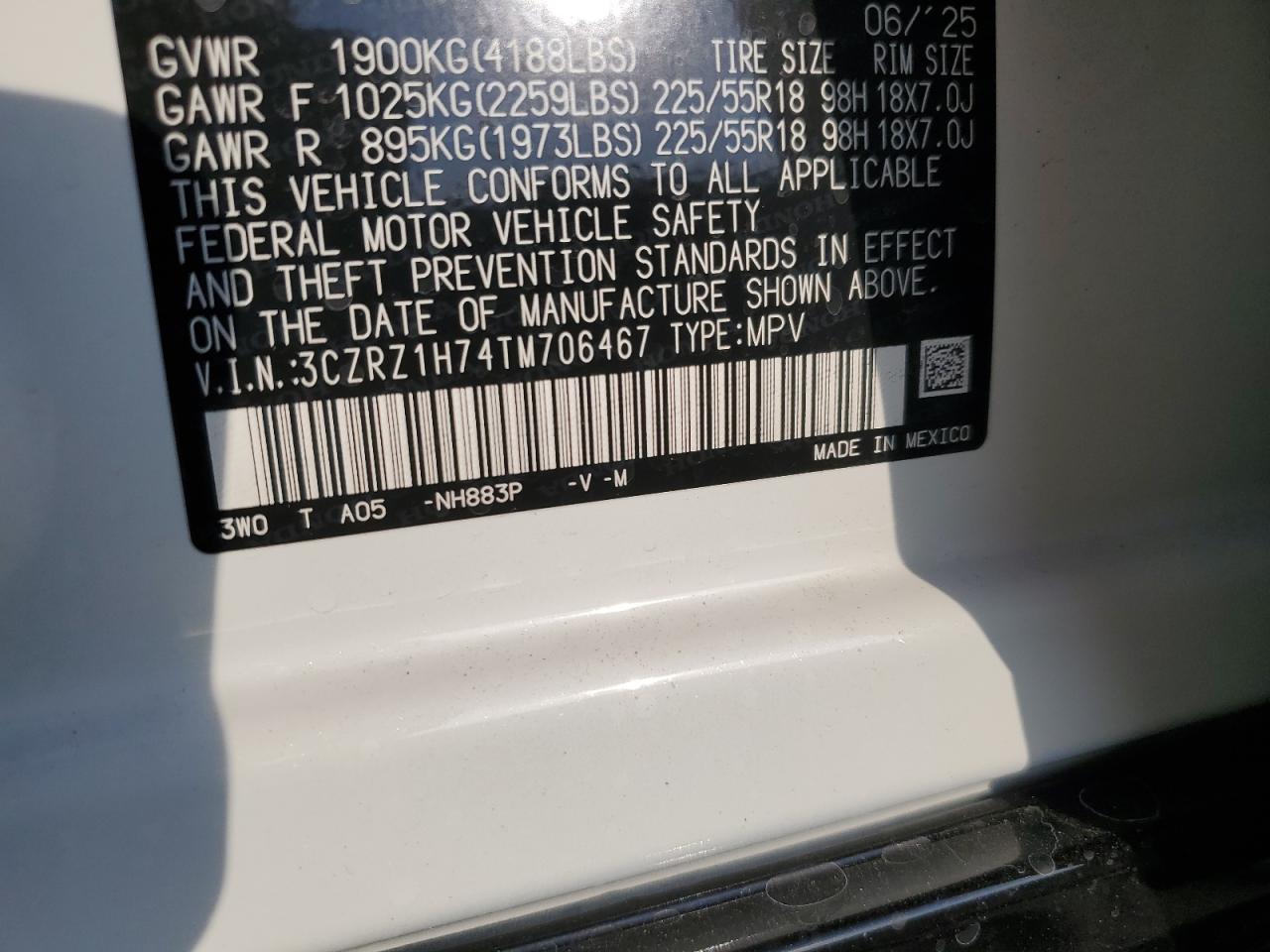 2026 Honda Hr-V Exl VIN: 3CZRZ1H74TM706467 Lot: 81348425