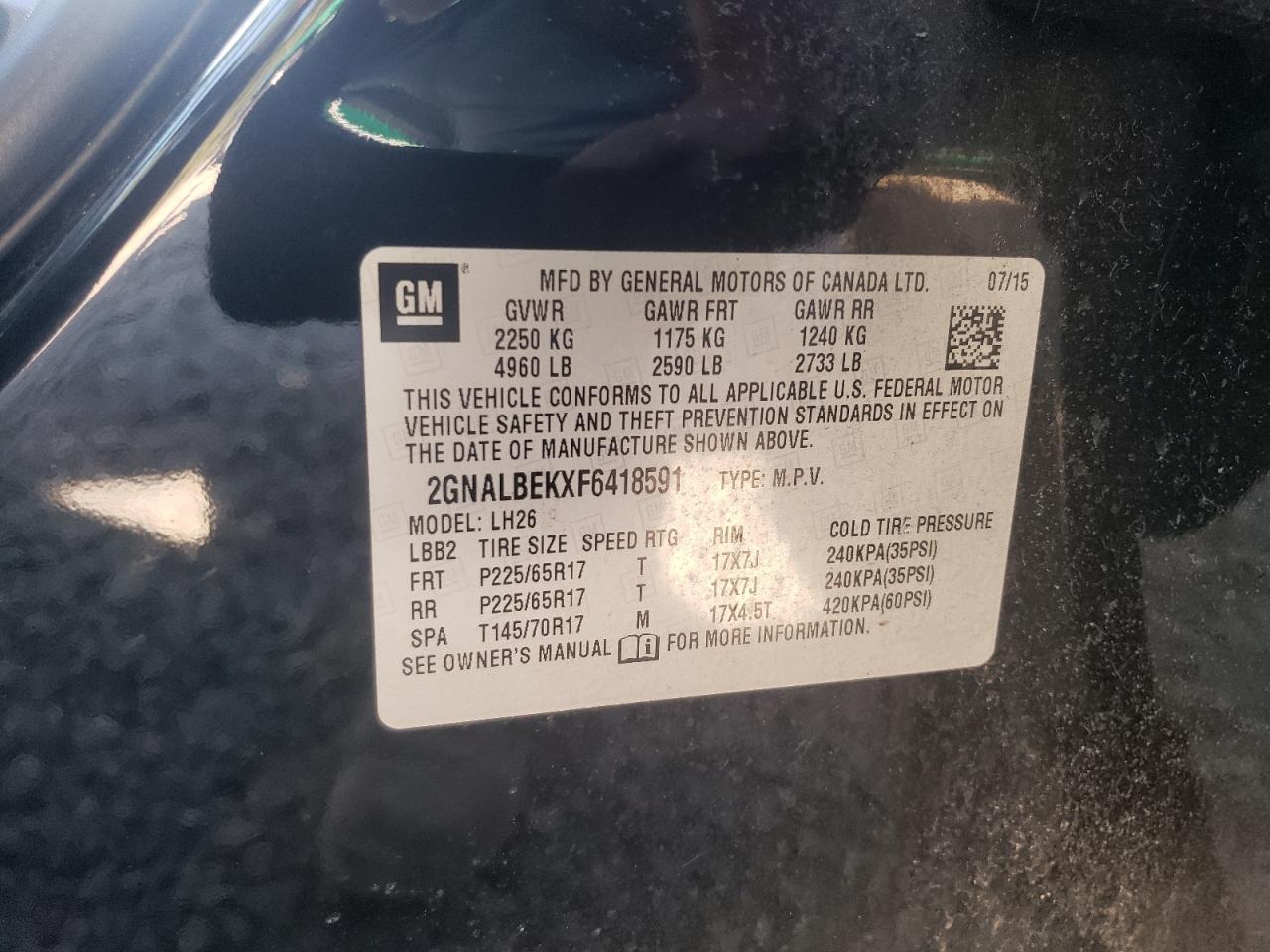 2015 Chevrolet Equinox Lt VIN: 2GNALBEKXF6418591 Lot: 80710385