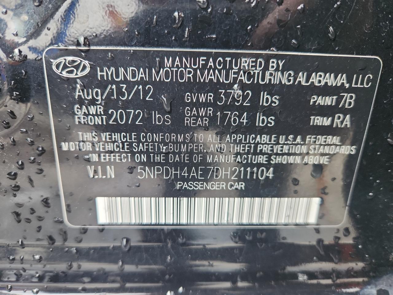 2013 Hyundai Elantra Gls VIN: 5NPDH4AE7DH211104 Lot: 80655535