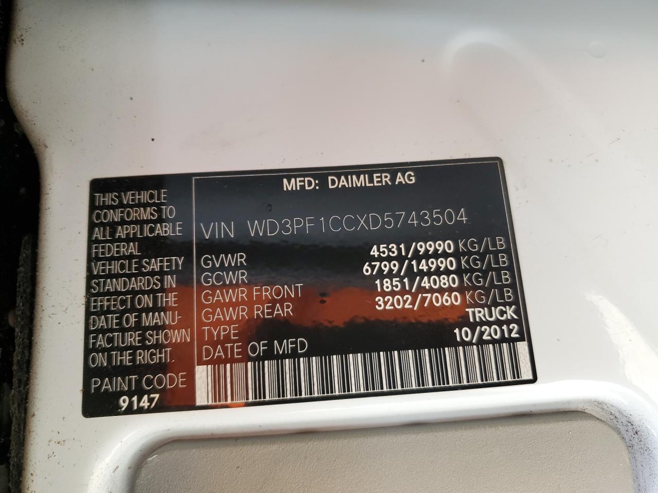 2013 Mercedes-Benz Sprinter 3500 VIN: WD3PF1CCXD5743504 Lot: 81153115