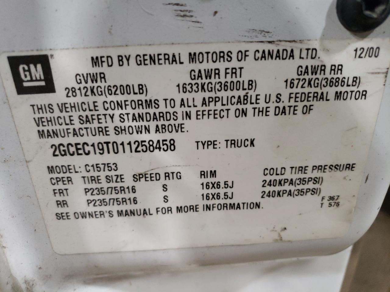 2001 Chevrolet Silverado C1500 VIN: 2GCEC19T011258458 Lot: 80125075