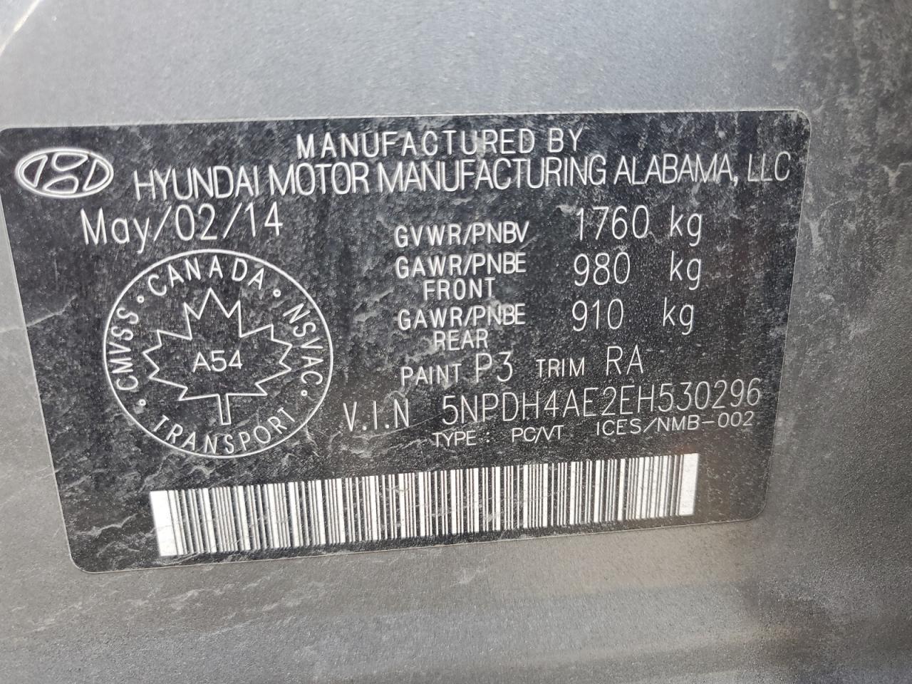 2014 Hyundai Elantra Se VIN: 5NPDH4AE2EH530296 Lot: 83972295