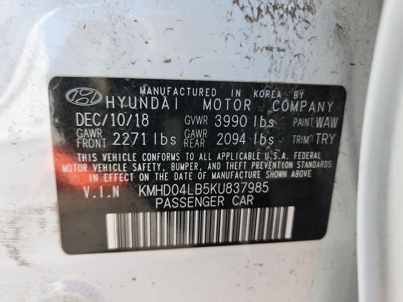 2019 Hyundai Elantra Sport VIN: KMHD04LB5KU837985 Lot: 70855405