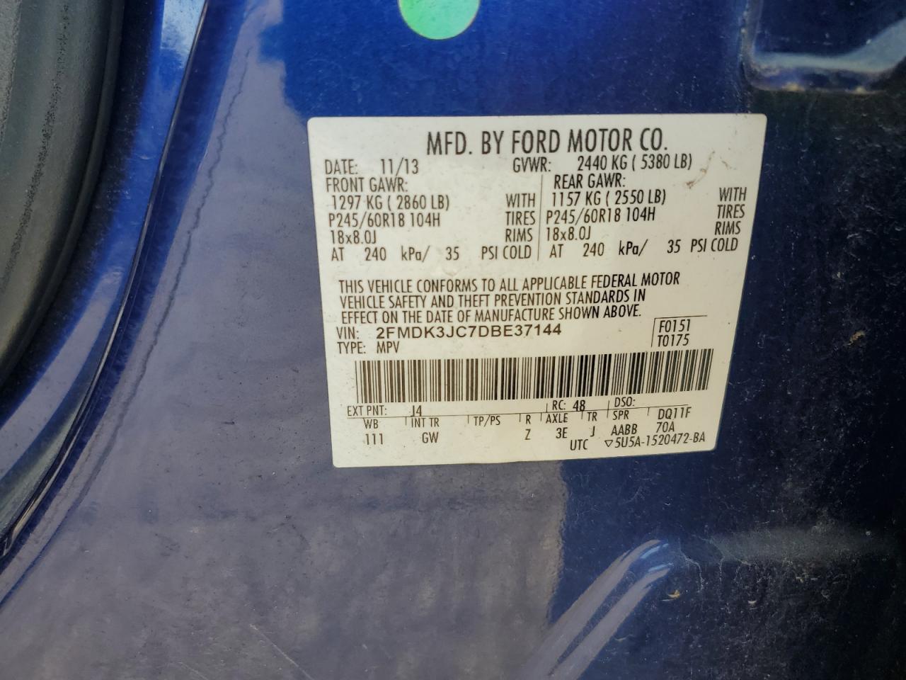 2013 Ford Edge Sel VIN: 2FMDK3JC7DBE37144 Lot: 71867035