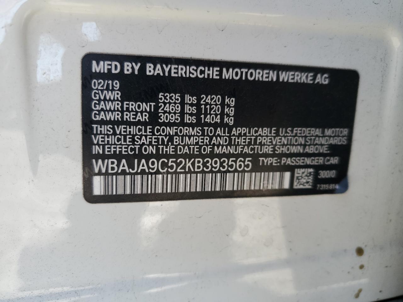 2019 BMW 530E VIN: WBAJA9C52KB393565 Lot: 84208515