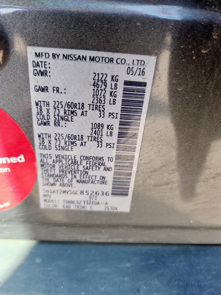 2016 Nissan Rogue S VIN: 5N1AT2MV5GC852636 Lot: 81030475