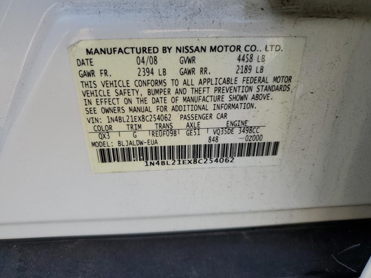 2008 Nissan Altima 3.5Se VIN: 1N4BL21EX8C254062 Lot: 80352085