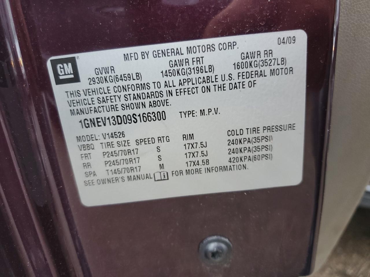 2009 Chevrolet Traverse Ls VIN: 1GNEV13D09S166300 Lot: 81722235