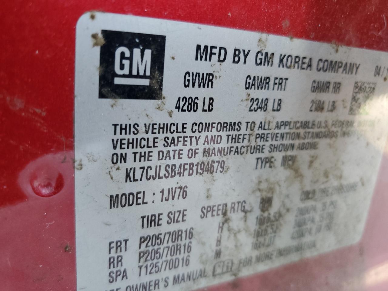 2015 Chevrolet Trax 1Lt VIN: KL7CJLSB4FB194679 Lot: 71523825