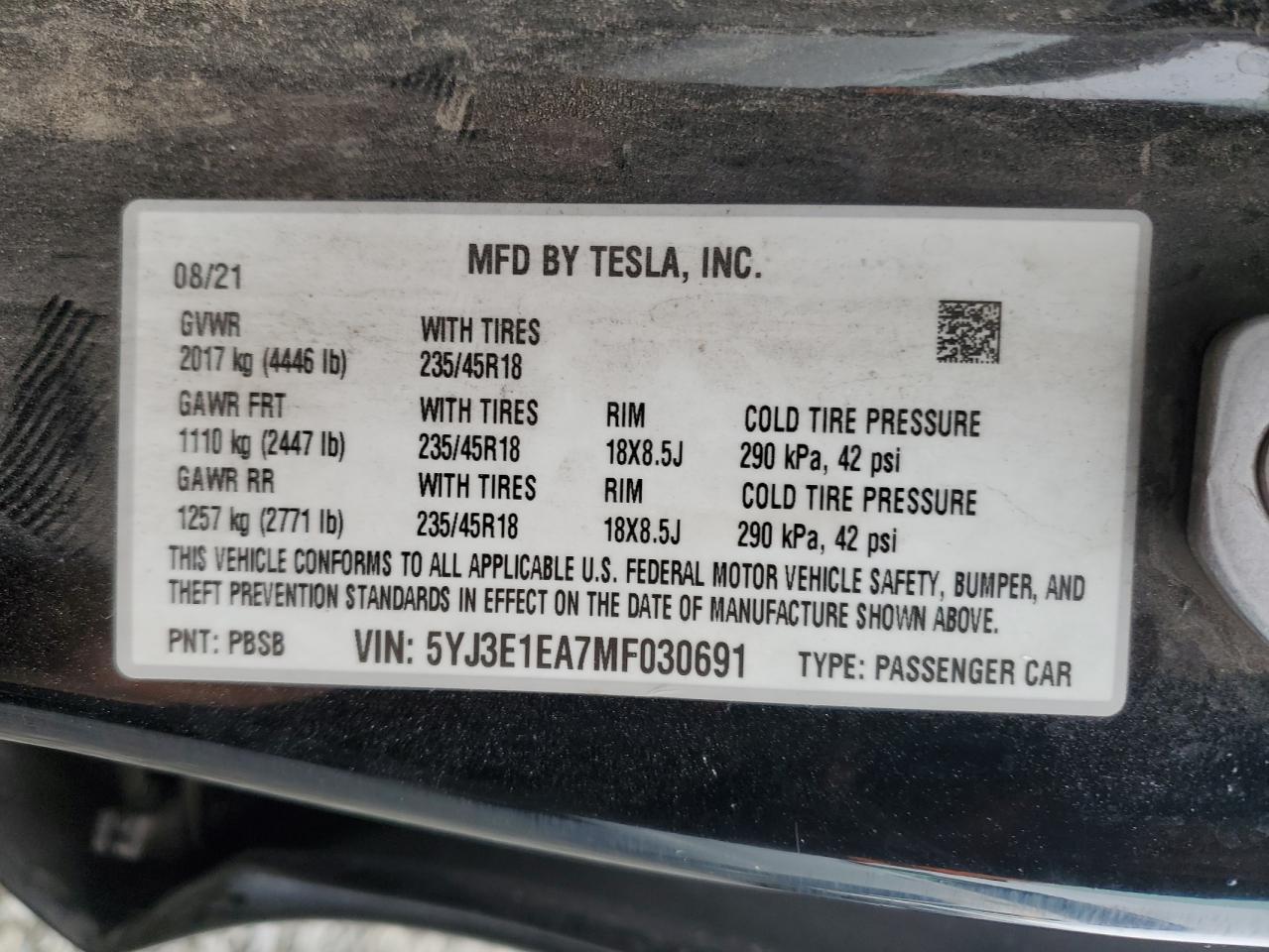 2021 Tesla Model 3 VIN: 5YJ3E1EA7MF030691 Lot: 81827805