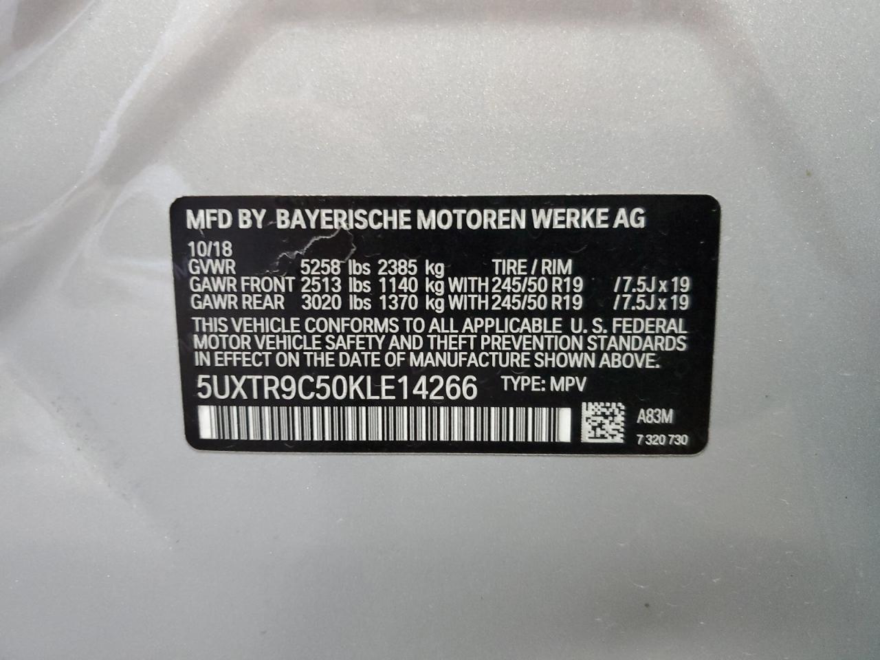 2019 BMW X3 xDrive30I VIN: 5UXTR9C50KLE14266 Lot: 71055025