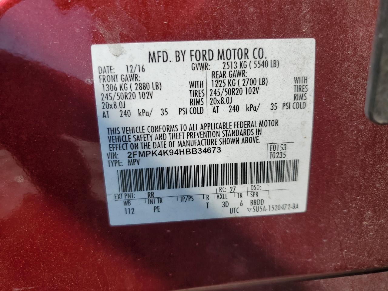 2017 Ford Edge Titanium VIN: 2FMPK4K94HBB34673 Lot: 80833055