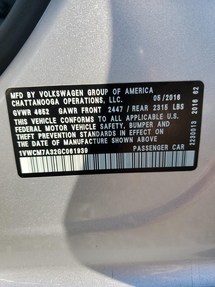 2016 Volkswagen Passat Sel Premium VIN: 1VWCM7A32GC061939 Lot: 80330305