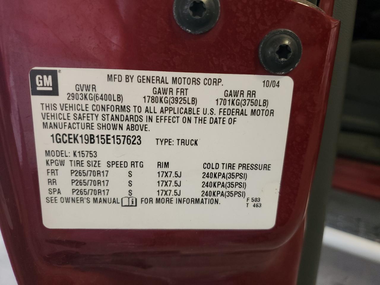 2005 Chevrolet Silverado K1500 VIN: 1GCEK19B15E157623 Lot: 81691275