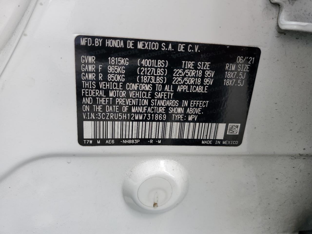 2021 Honda Hr-V Sport VIN: 3CZRU5H12MM731869 Lot: 83765935