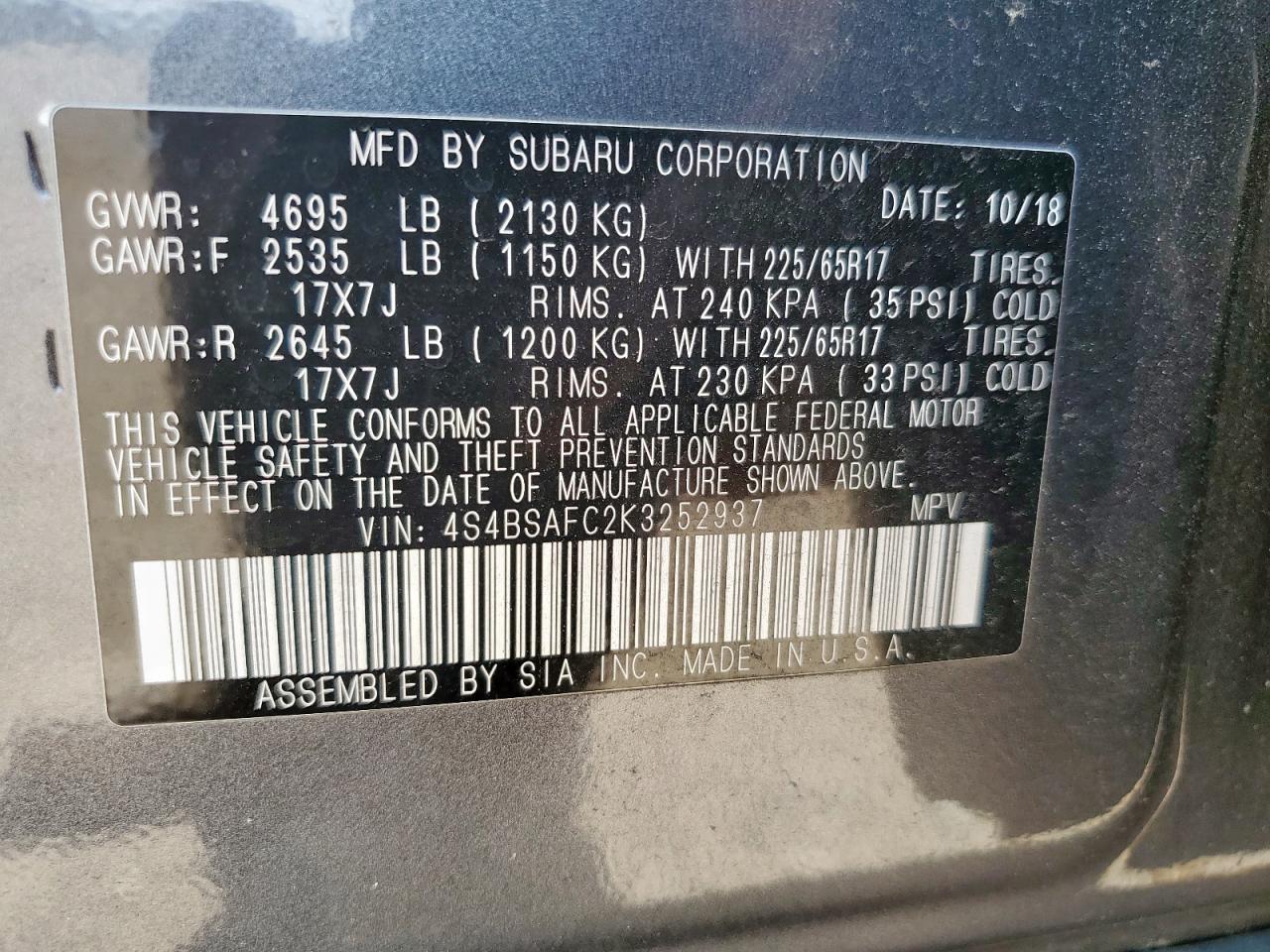 2019 Subaru Outback 2.5I Premium VIN: 4S4BSAFC2K3252937 Lot: 72031025