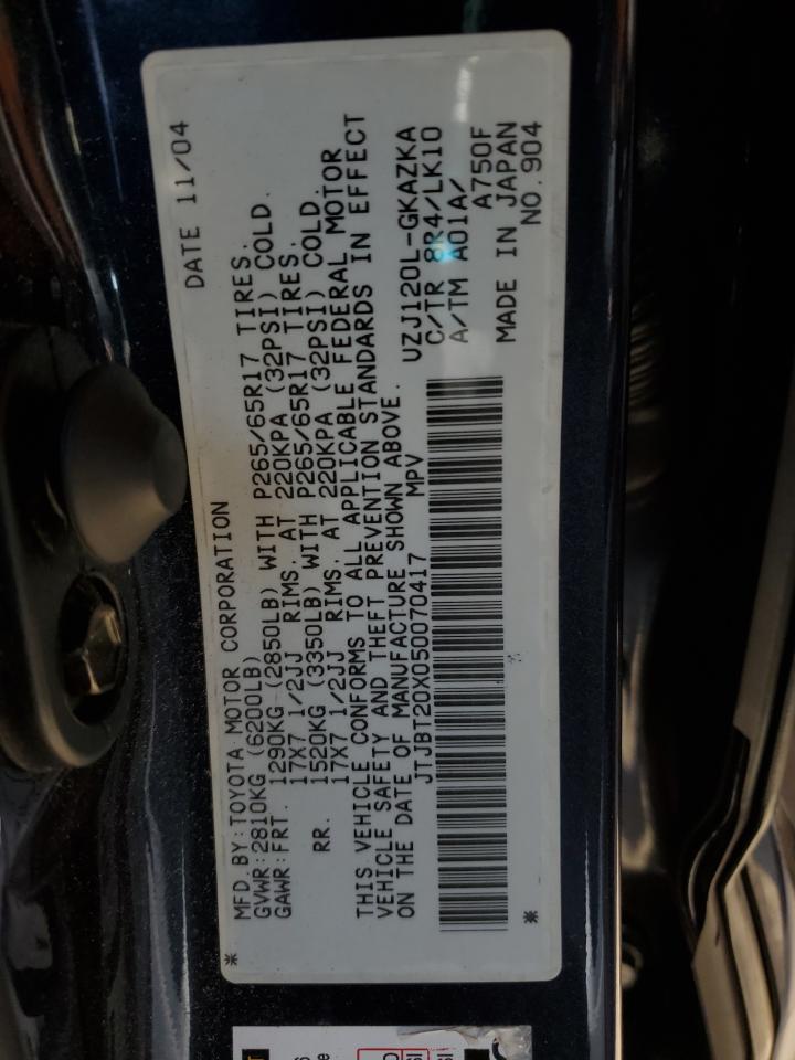 2005 Lexus Gx 470 VIN: JTJBT20X050070417 Lot: 72053315