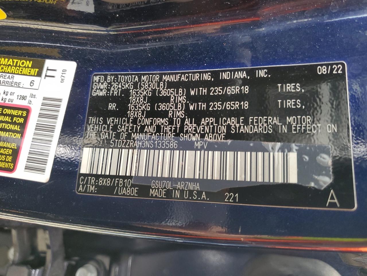 2022 Toyota Highlander L VIN: 5TDZZRAH3NS133586 Lot: 84468865