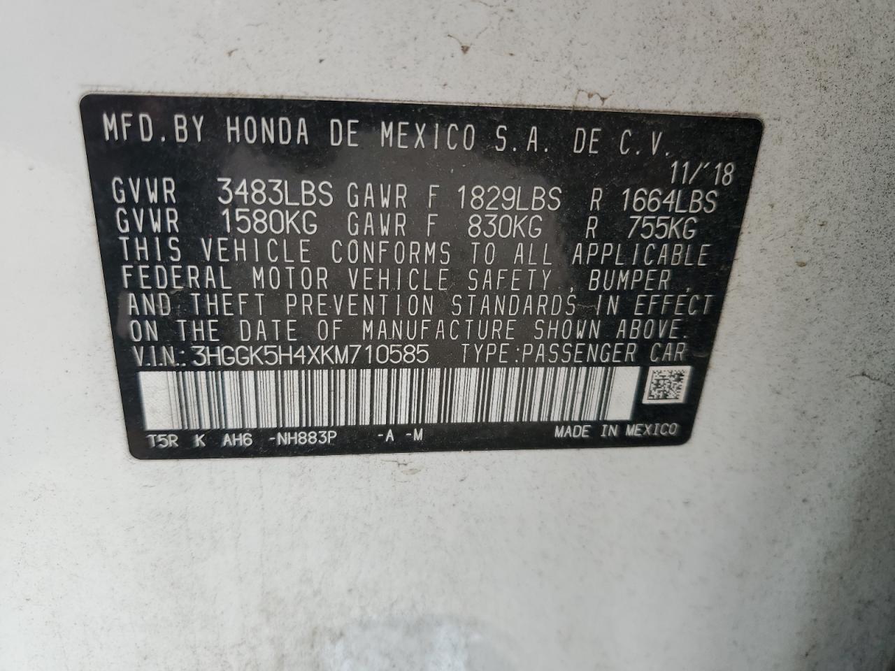 2019 Honda Fit Lx VIN: 3HGGK5H4XKM710585 Lot: 82031095