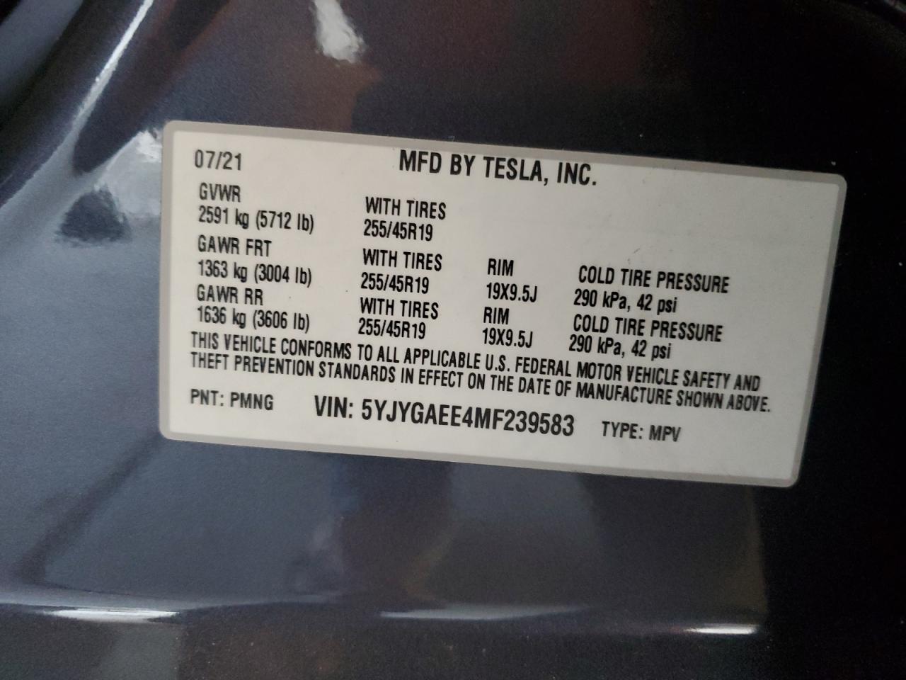 2021 Tesla Y VIN: 5YJYGAEE4MF239583 Lot: 81429855