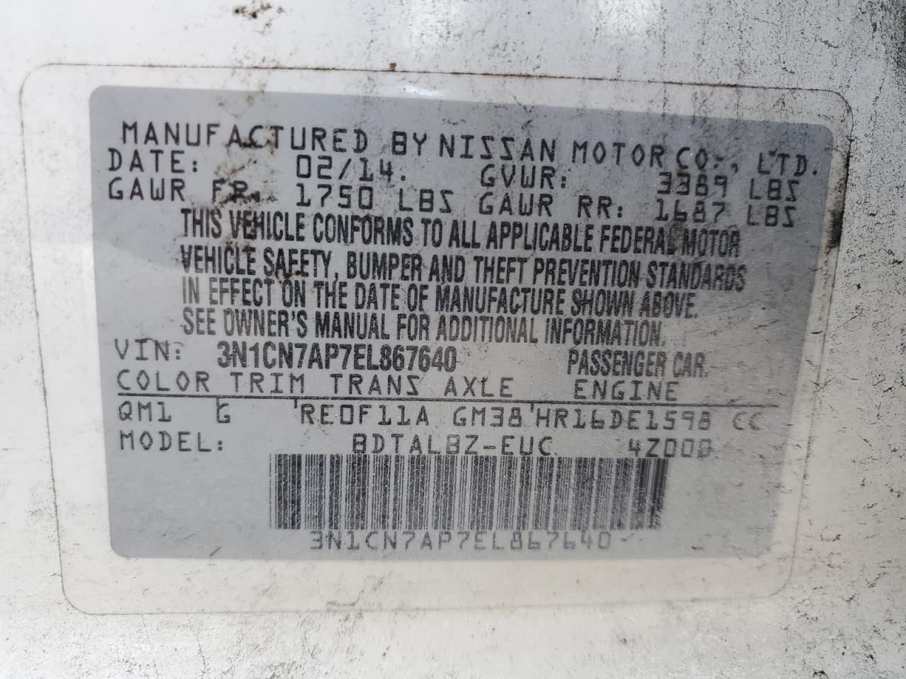 2014 Nissan Versa S VIN: 3N1CN7AP7EL867640 Lot: 84269165